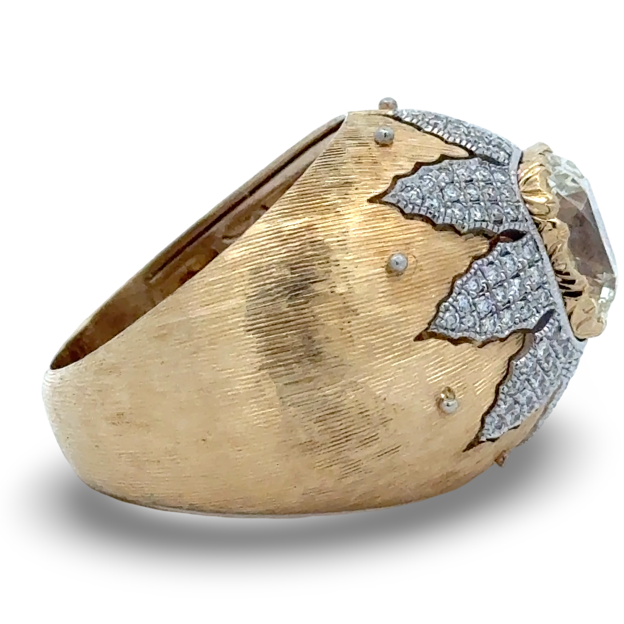 Estate Ring, 1 Cushion Brilliant Diamond 2.85 ct  K VS1, 114 Round Brilliant Cut Diamond 0.50 ct  G-H VS2-SI1 18K White/Yellow Gold 14.16g. All weights estimated
