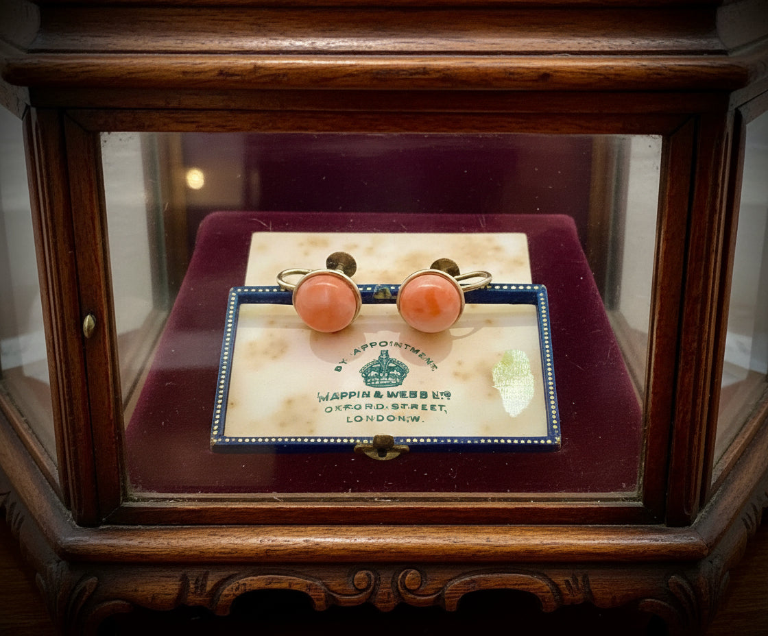 Estate Earrings, 2 Coral Cabochon, 14K Yellow Gold 4.50g