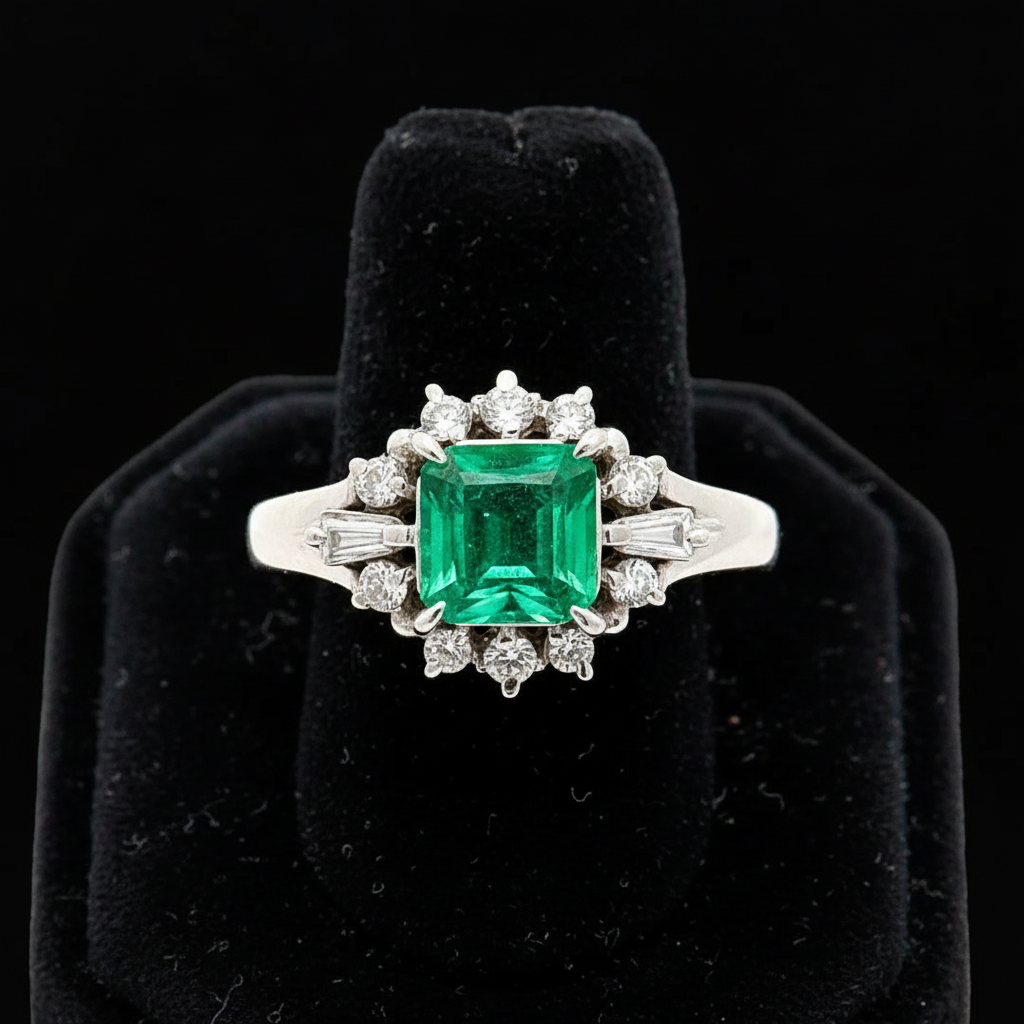 Estate Ring, 12 Mixed Cut Diamond 0.28 ct  G-I VS2-SI1,1 Emerald Emerald Cut 1.02 ct  Platinum 5.53g