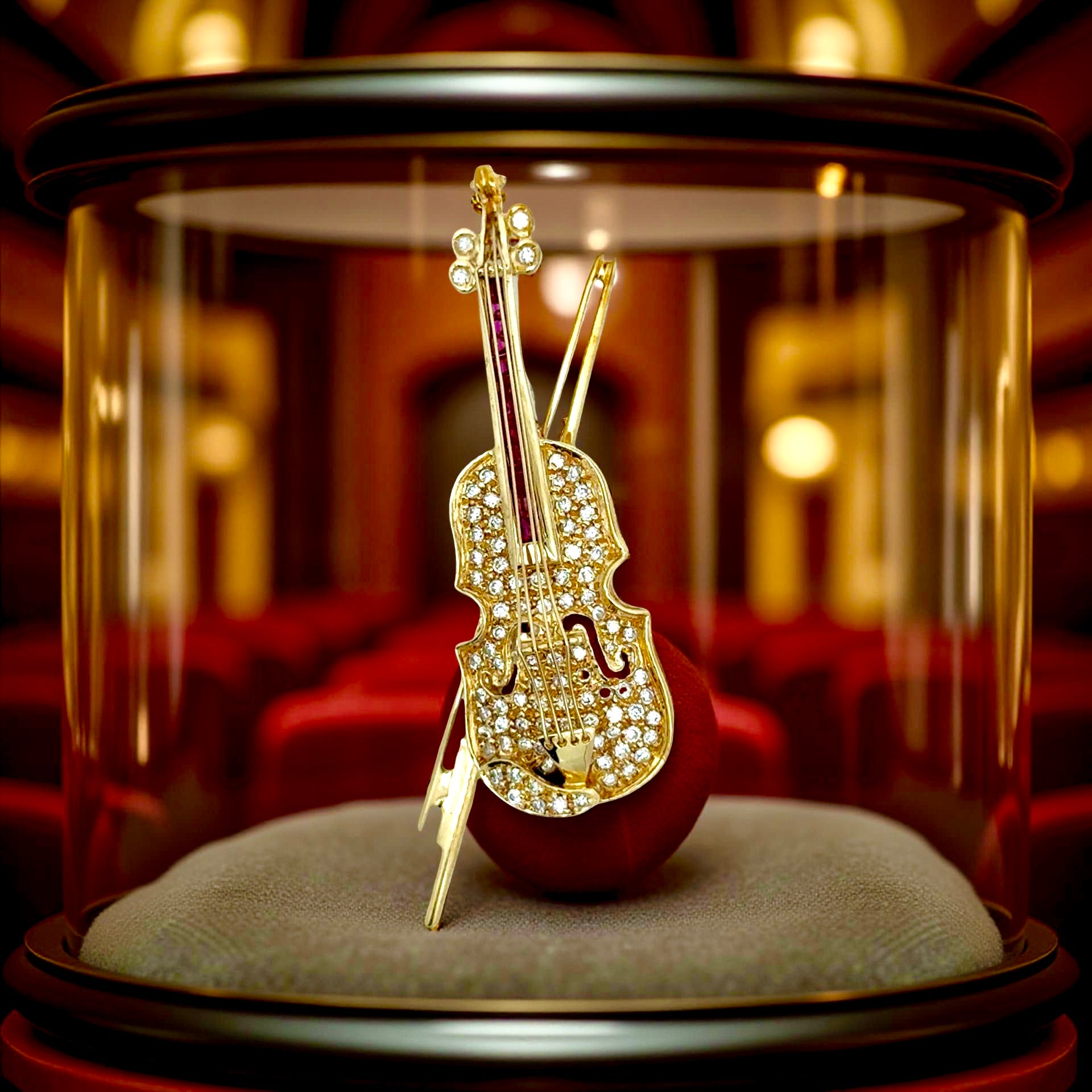 Estate Brooch/Pendant, Round Brilliant Cut Diamond 0.55 cttw  G-H VS1-SI1, Ruby French Cut 0.44 cttw  18K Yellow Gold 9.19g