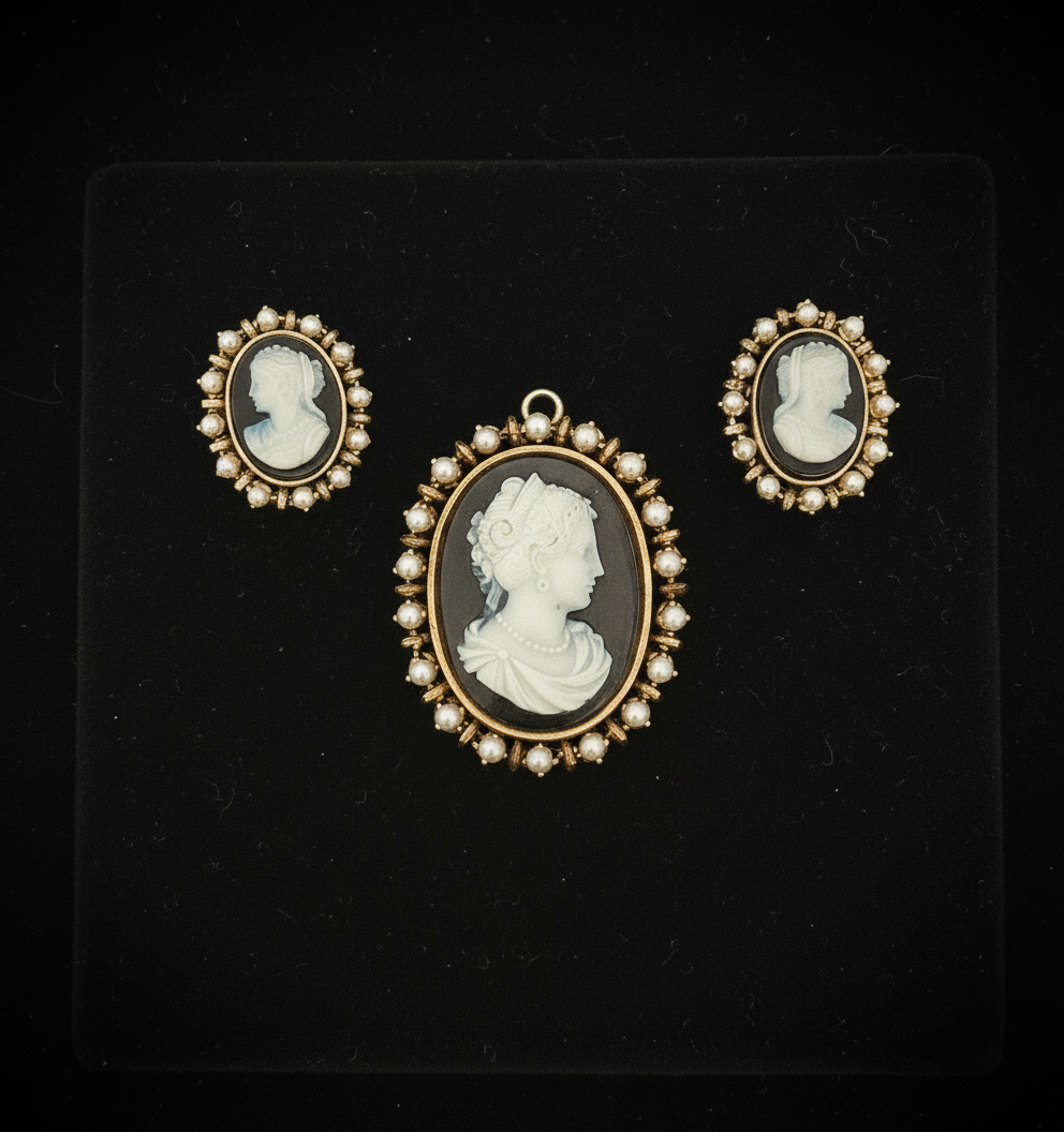 Estate Brooch/Earring, Earrings: 24 White Cultured Pearls, 2 Cameo, Brooch: 18 White Cultured Pearls, 1 Cameo 18K Yellow Gold 28.99g