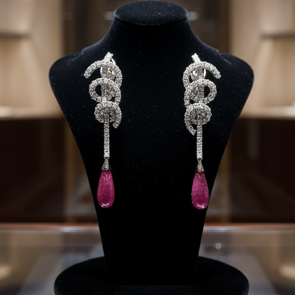 Bergio Earrings, 112 Round Brilliant Cut Diamond 4.27 ct  G-H VS1-VS2,2 Rubellite Cabochon 5.40 ct  18K` White Gold