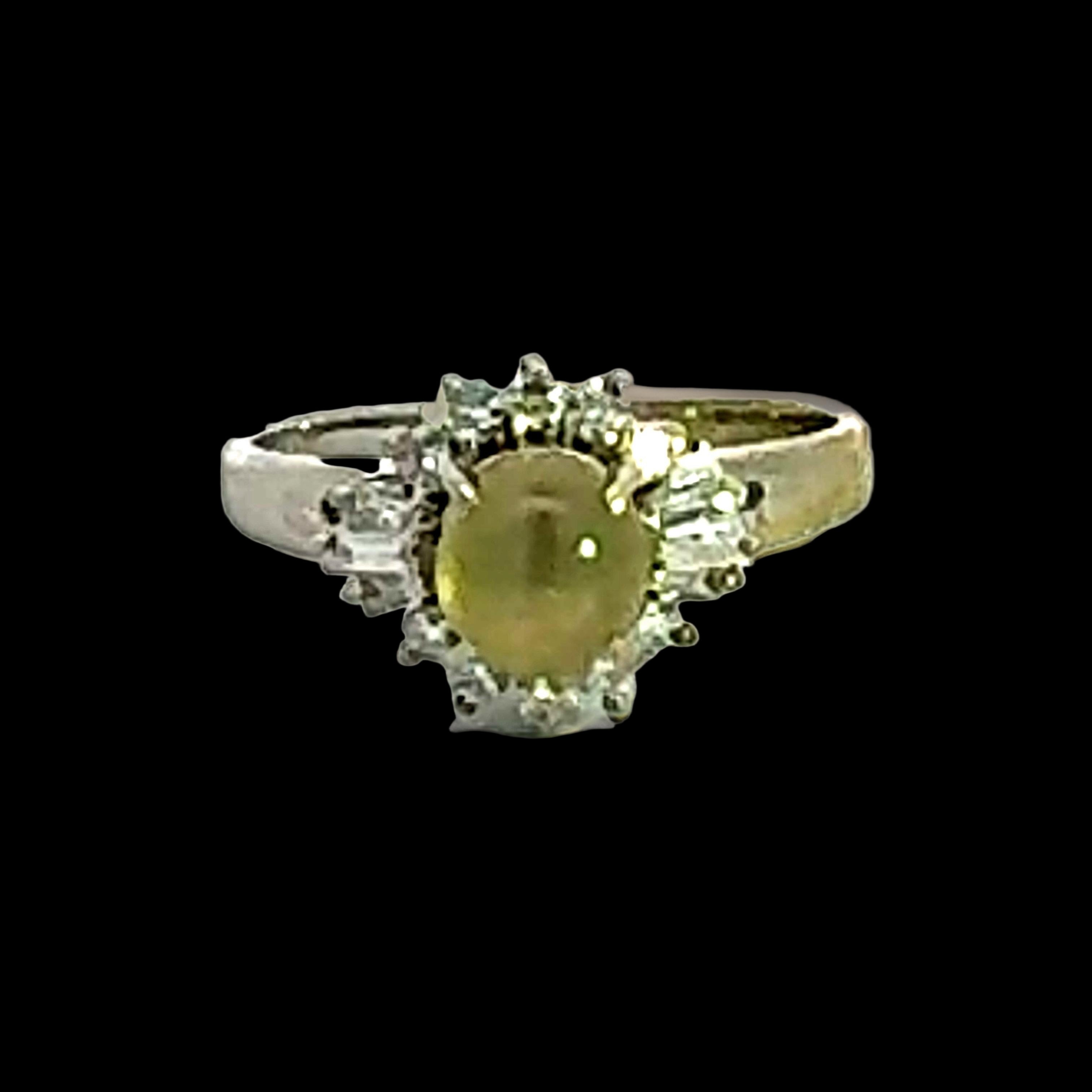 Estate Ring, Mixed Cut Diamond 0.40 cttw  G-H VS2-SI1,1 Cats Eye Tourmaline Cabochon 1.44 ct  Platinum 4.80g