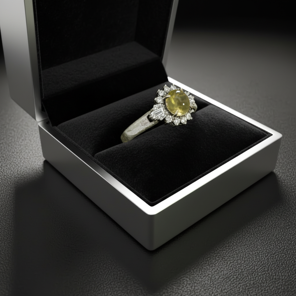 Estate Ring, Mixed Cut Diamond 0.40 cttw  G-H VS2-SI1,1 Cats Eye Tourmaline Cabochon 1.44 ct  Platinum 4.80g