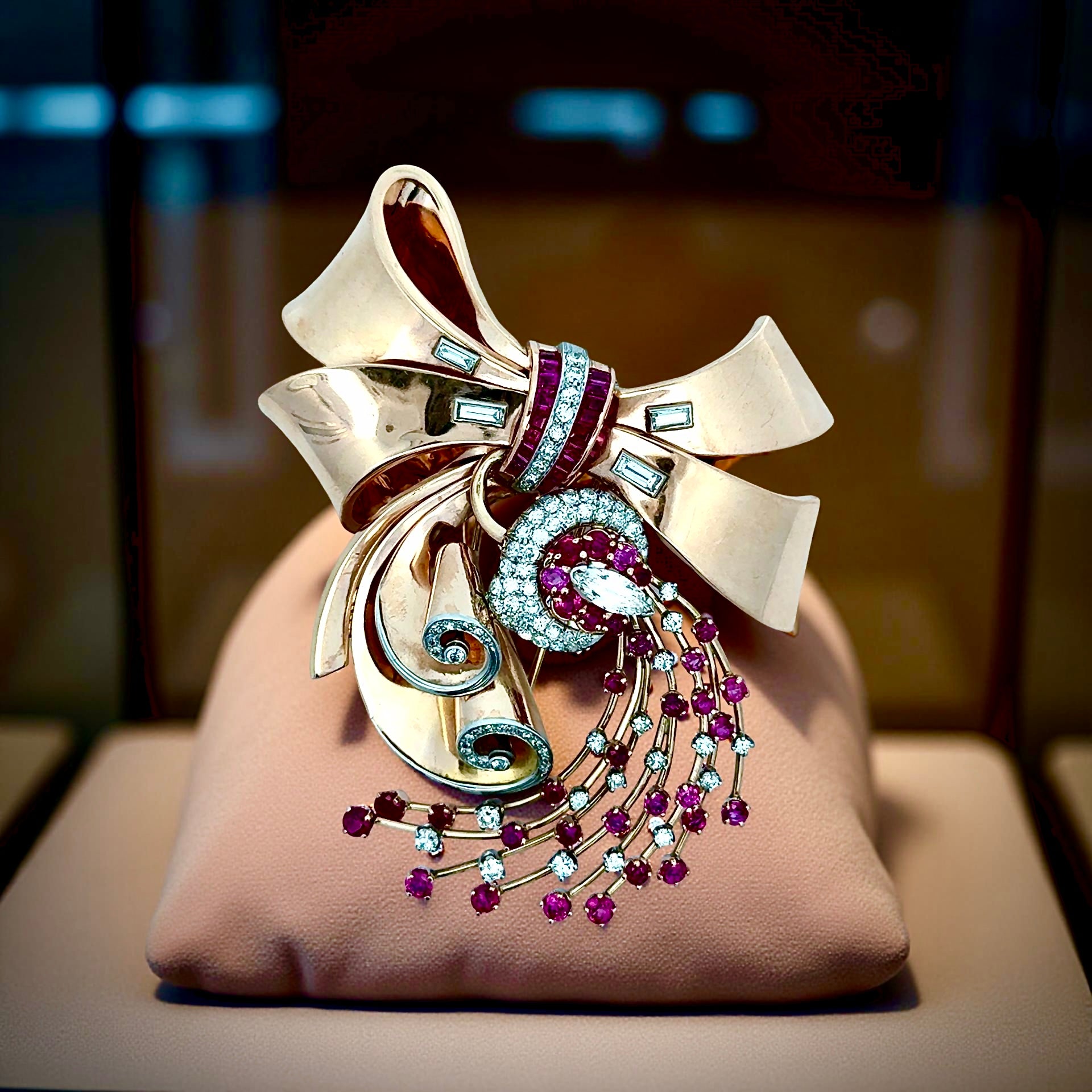 Estate Brooch/Pendant, 1 Marquise Cut Diamond 1.65ct  K-VS2, Round/Baguette Cut Diamonds 4.05ctttw  H-L VS2-SI1, Ruby French Cut 5.00ct  Red-Dark Pink, 14K Rose Gold 55.12g