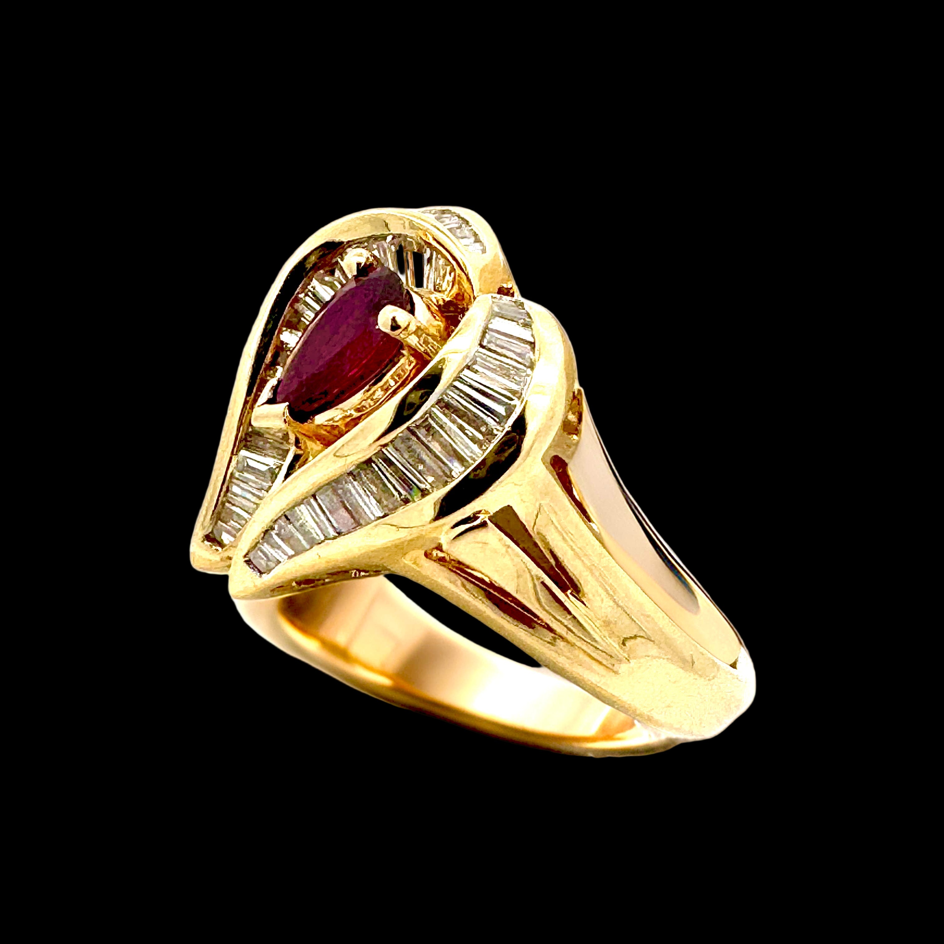 Estate Ring, 1 Ruby Pear Shape 0.80 ct  Red-Fine VS1, Baguette Cut Diamond 1.37 ct  G-H VS1-VS2, 18K Yellow Gold 8.39g