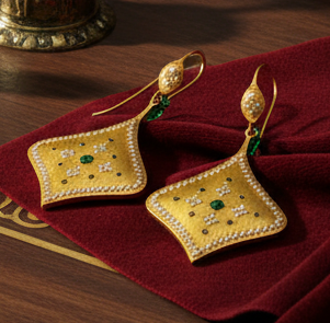 Estate Earrings, Round Brilliant Cut Diamond 1.15 ct  G-H SI1-SI2,18 Emerald Round 0.27 ct  18K Yellow Gold 8.41g