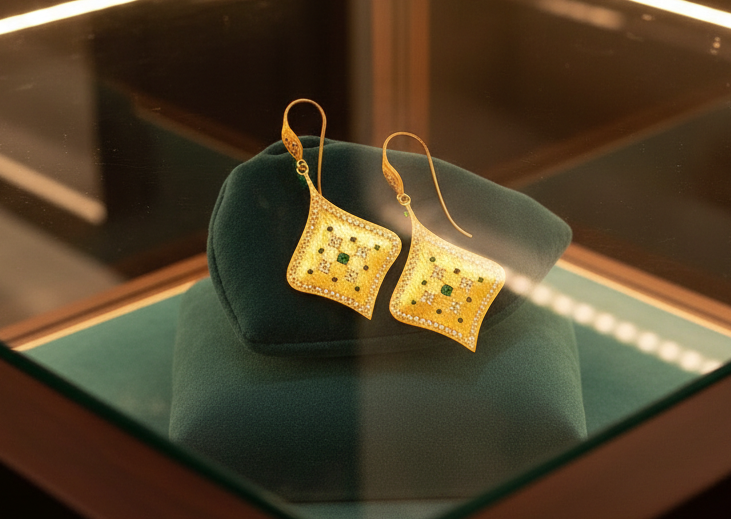 Estate Earrings, Round Brilliant Cut Diamond 1.15 ct  G-H SI1-SI2,18 Emerald Round 0.27 ct  18K Yellow Gold 8.41g