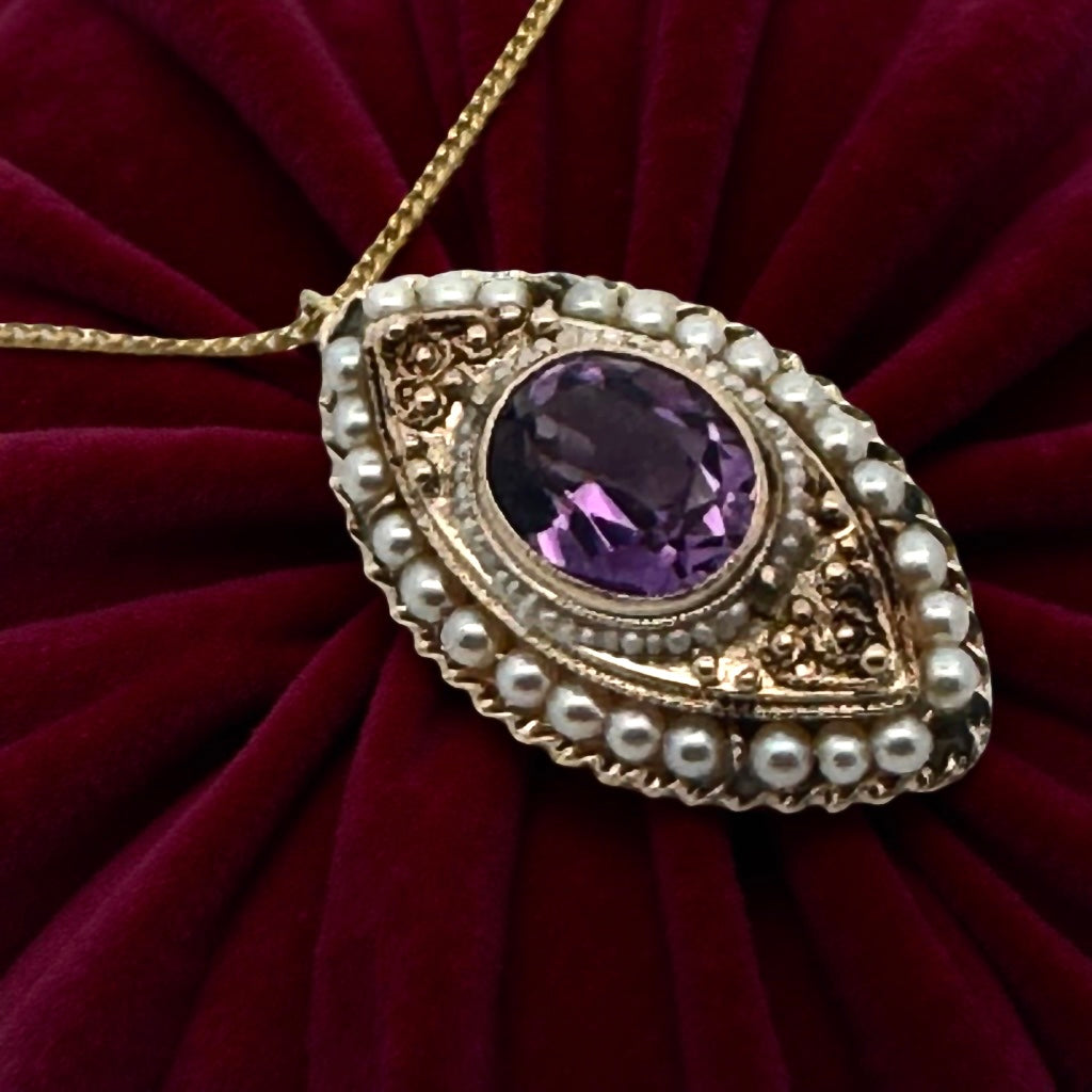 Estate Necklace,1 Amethyst Oval 3.08 ct , Seed Pearls 14K Yellow Gold 10.60g