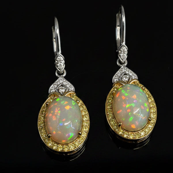 Estate Earrings, Round Brilliant Cut Diamond 0.84 cttw  FY-H VS1-SI1,2 Opal Cabochon 7.57 cttw  18K White/Yellow Gold 8.54g. All Weights Estimated.