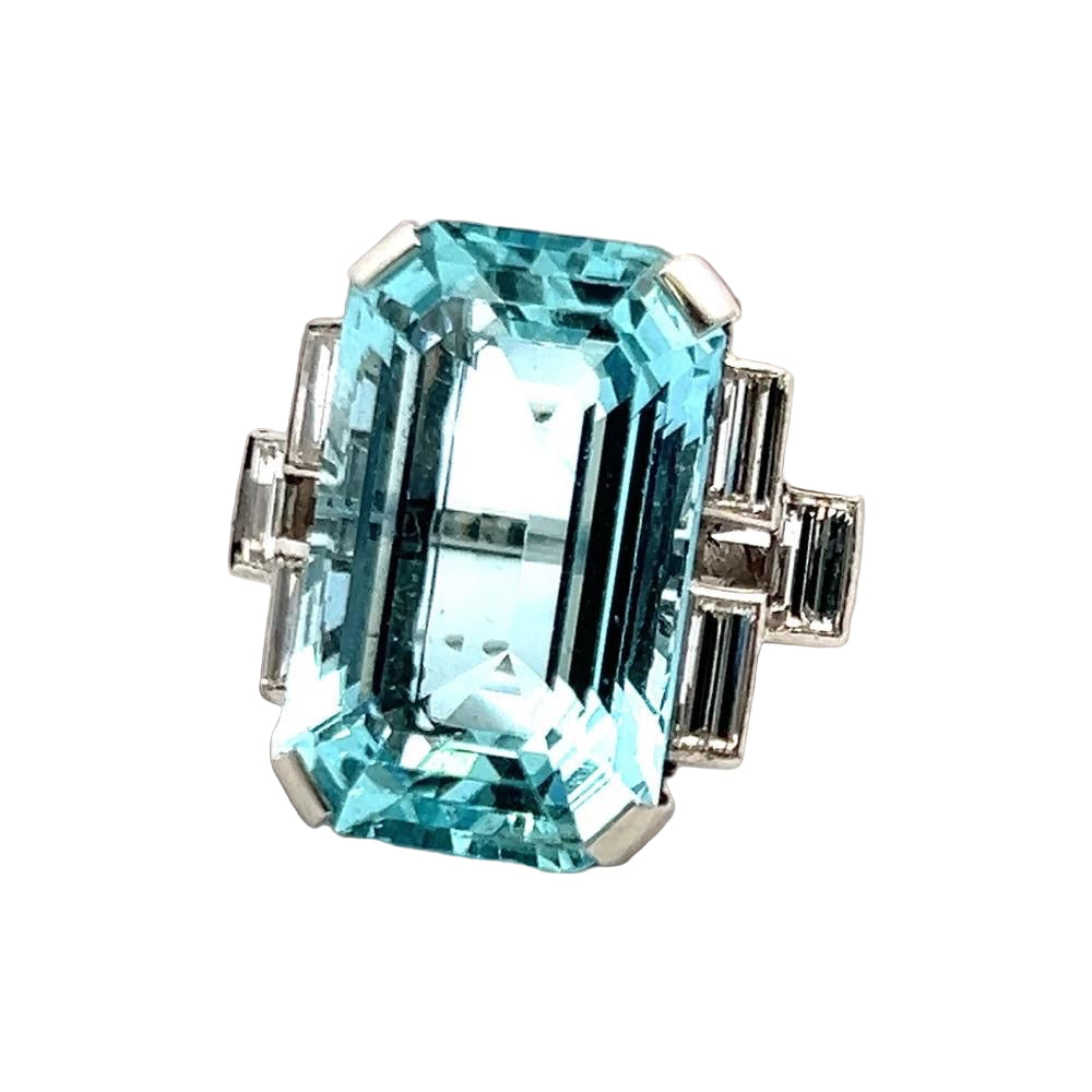 Estate Ring,  Aquamarine Cushion Modified 26.00 ct, 6 Baguette Cut Diamond 1.51 ct  G-H VS1-SI1,1  Platinum White Gold 13.08g