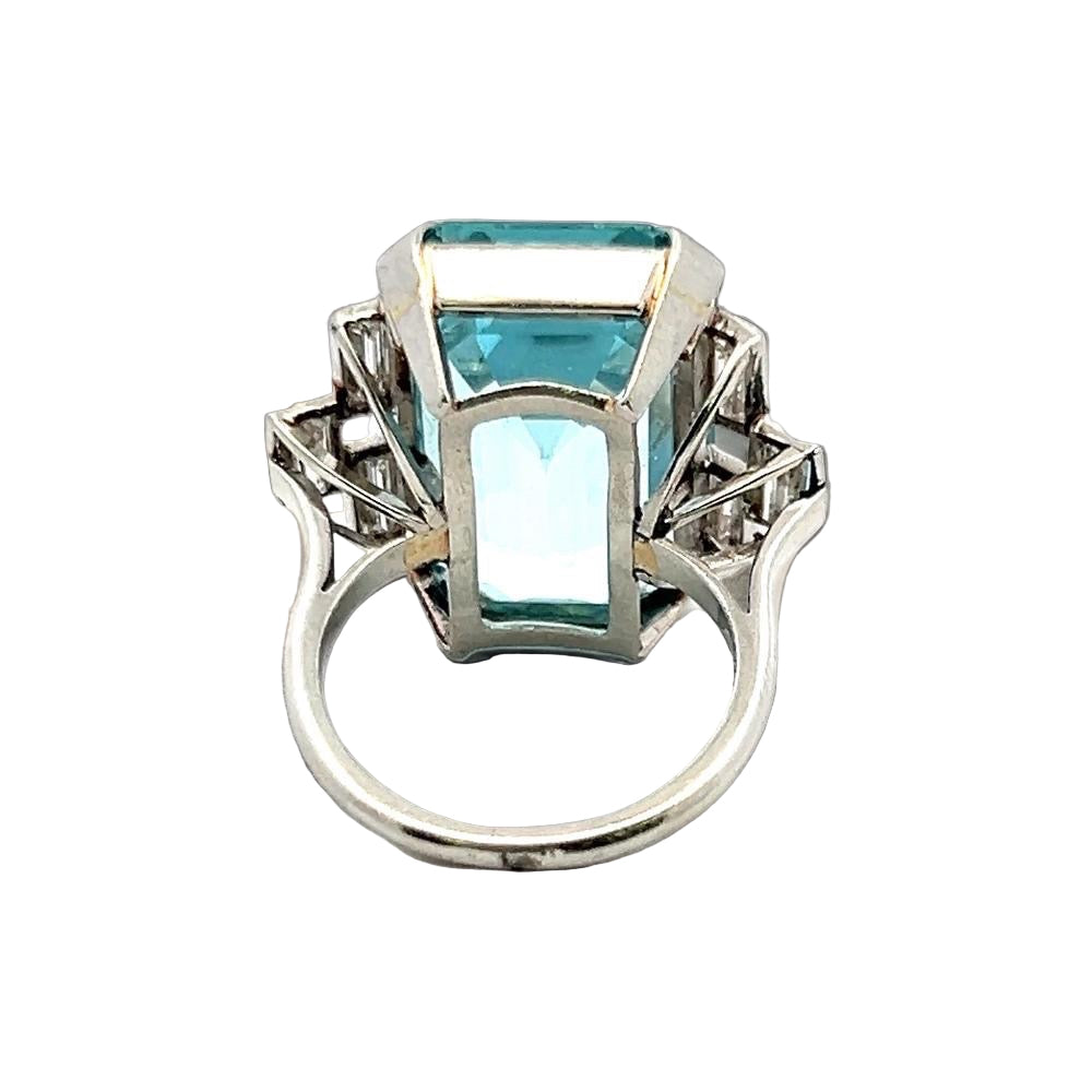 Estate Ring,  Aquamarine Cushion Modified 26.00 ct, 6 Baguette Cut Diamond 1.51 ct  G-H VS1-SI1,1  Platinum White Gold 13.08g
