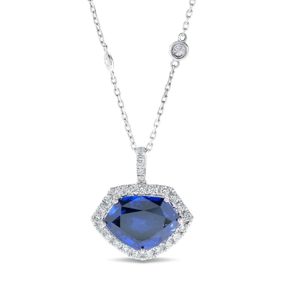 Estate Necklace, 36 Round Brilliant Cut Diamond 1.40 cttw  G-H VS1-SI1, 1 Sapphire Shield Cut Madagascar Heated 5.49 ct  GIA #1162003235 18K White Gold 7.39g. All Weights Estimated.