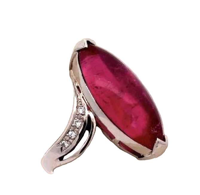 Estate Ring, 1 Pink Tourmaline Cabochon 15.38 ct, Round Diamond 0.12 cttw H-I SI1-SI2, Platinum 12.70g