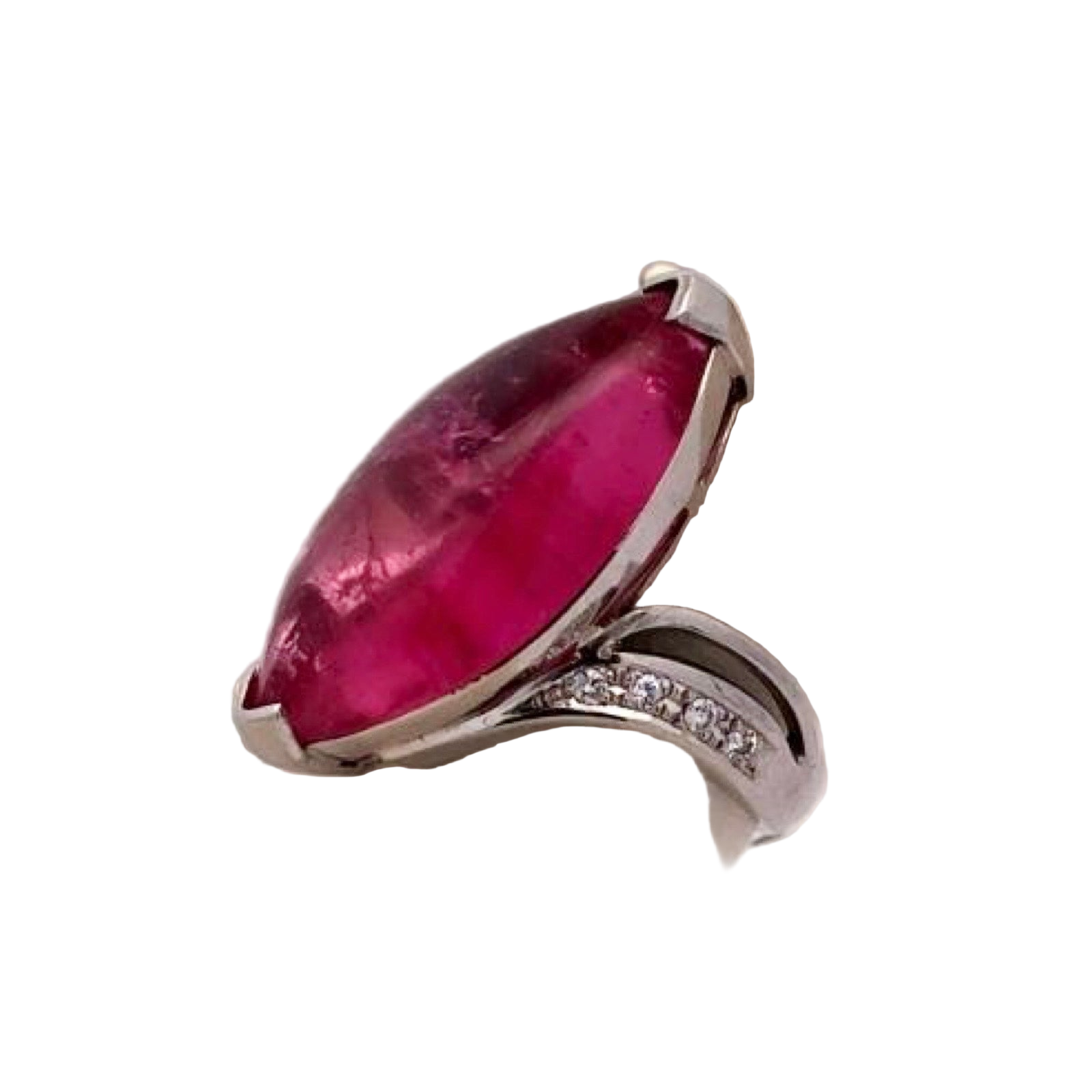 Estate Ring, 1 Pink Tourmaline Cabochon 15.38 ct, Round Diamond 0.12 cttw H-I SI1-SI2, Platinum 12.70g