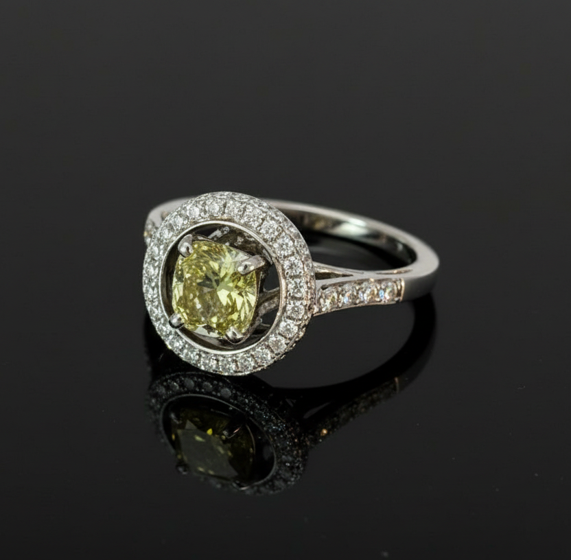 Estate Ring, 1 Cushion Modified Diamond 1.31ct  GIA #5181574027 Fancy Brown Greenish-Yellow I1 (clarity not on cert), Round Diamond 0.75ct  H-I I1-I2, 14K White Gold 4.90g