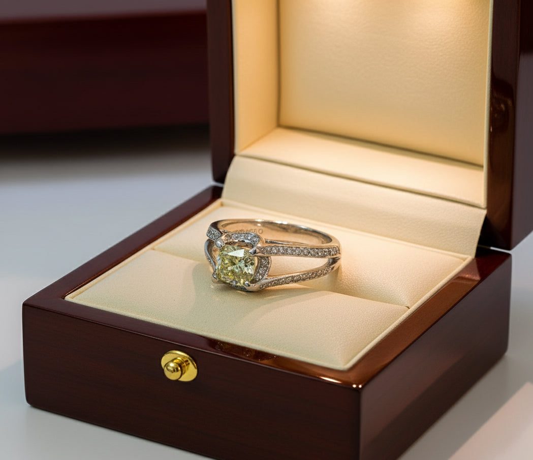Estate - Verragio Ring, 1 Cushion Modified Diamond 1.21ct  GIA #5182572287 Fancy Light Yellow I1 (clarity not on cert), Round Diamond 0.33 cttw G-H VS1-VS2, 18K White Gold 6.09g (Original Cert)