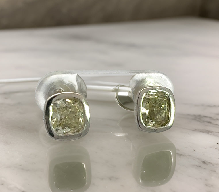 Maya Lianna Earrings, 1 Cushion Brilliant Diamond 1.09ct GIA #2185576926 FGGY SI2 (clarity not on cert), 1 Cushion Brilliant Diamond 1.03ct GIA #1182574202 FBGY VS2, 14K White Gold 4.02g (Original Cert)