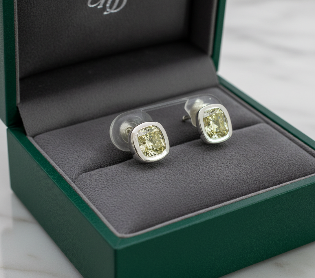 Maya Lianna Earrings, 1 Cushion Brilliant Diamond 1.09ct GIA #2185576926 FGGY SI2 (clarity not on cert), 1 Cushion Brilliant Diamond 1.03ct GIA #1182574202 FBGY VS2, 14K White Gold 4.02g (Original Cert)