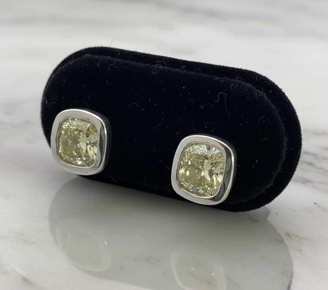 Maya Lianna Earrings, 1 Cushion Brilliant Diamond 1.09ct GIA #2185576926 FGGY SI2 (clarity not on cert), 1 Cushion Brilliant Diamond 1.03ct GIA #1182574202 FBGY VS2, 14K White Gold 4.02g (Original Cert)