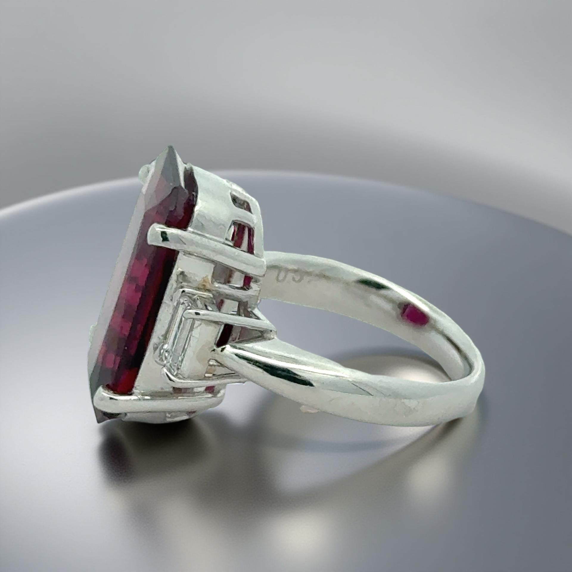 Estate 3-Stone Ring, 1 Emerald Cut Tourmaline 8.88 ct , 2 Baguette Cut Diamonds 0.52 cttw  G-H VS2-SI1, Platinum 11.40g