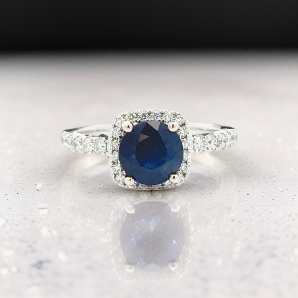 Leo Schachter Halo Ring, 1 Round Sapphire 2.25ct, Round Diamond 0.50ct H-I SI1-SI2, 14K White Gold 4.14g