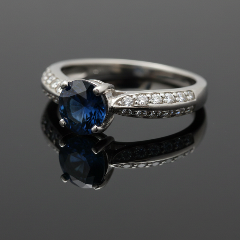 Verragio Ring, 1 Round Sapphire 1.10ct, Round Diamond 37.00ct  G-H VS1-VS2, Platinum 7.11g