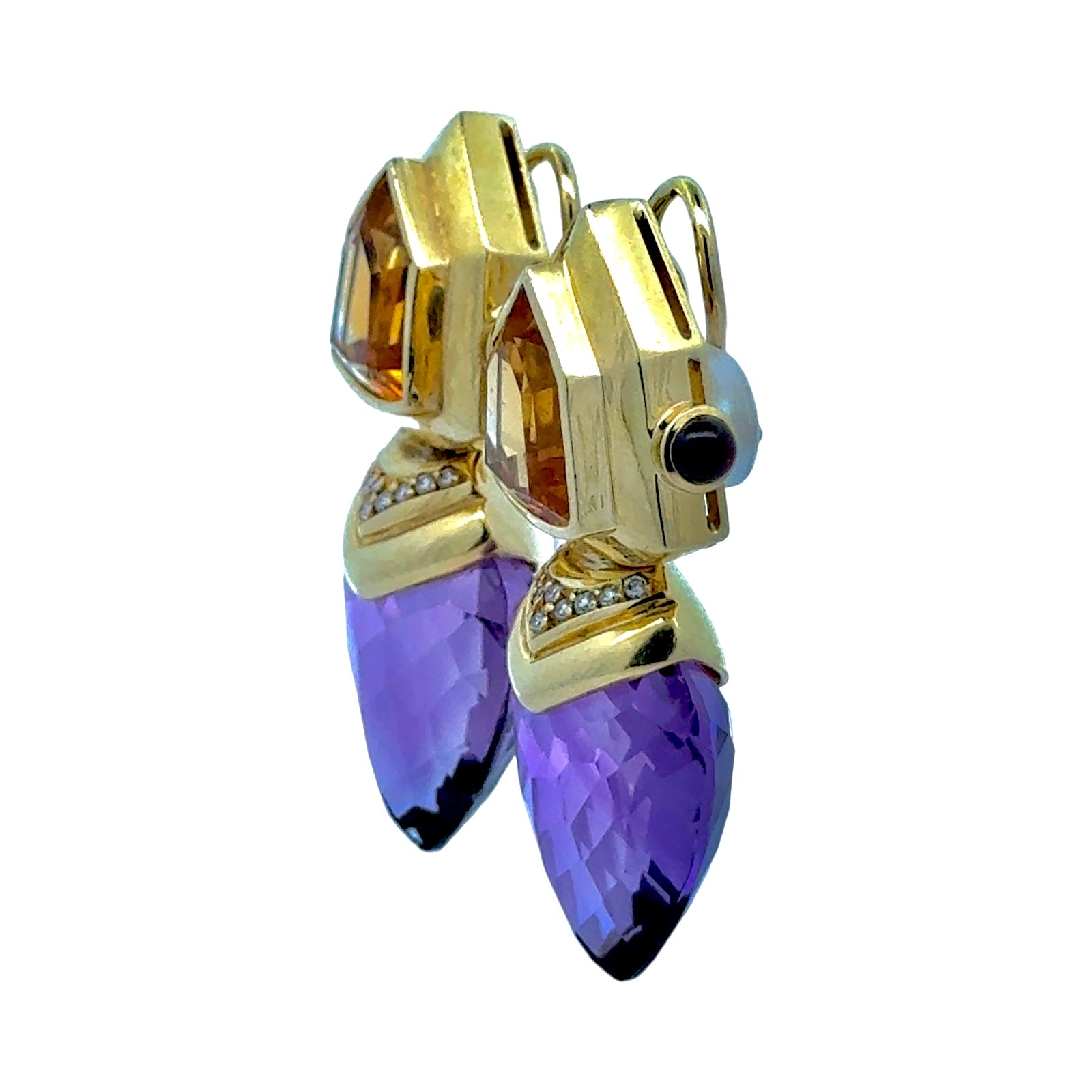 Estate of Diane Ladd Earrings, Round Diamond 0.50cttw  H-I SI1-SI2 #weight estimated,2 Amethyst Heart Shape 40.00cttw  Small Chip VS2-SI1 #weight estimated,2 Citrine Bullet Cut 20.00cttw  Yellow-Gold VS2-VS1 #weight estimated, 4 Garnet Cabochon 1.00cttw