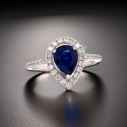 Halo Ring, 1 Pear Shape Sapphire 1.65 ct, Round Diamond 0.45 cttw, 14K White Gold 3.80g