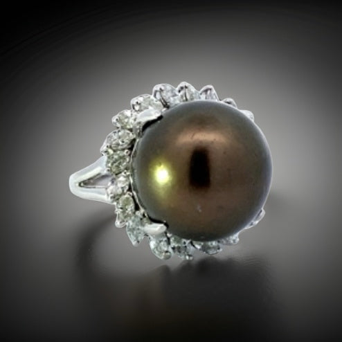 Estate Ring, Marquise Diamond 1.86ct H-I SI1-SI2, Round Tahitian Pearl 16.7 mm, Platinum 23.18g
