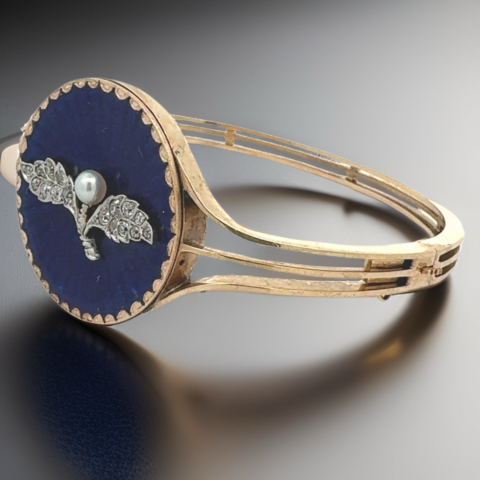 Estate  Bangle, 16 Old Mine Cut Diamond 0.40 cttw H-I SI1-SI2 (weights estimated), 1 Round Natural Pearl 3.92mm, Blue Enamel, 14K Yellow Gold 30.00g
