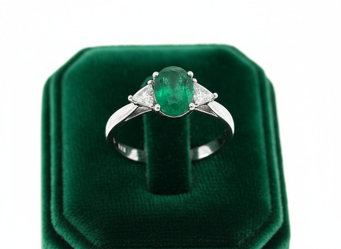 Effy 3 Stone Ring, 2 Trillion Cut Diamond 0.28 cttw H-I SI2-I1, 1 Oval Emerald 0.99 cttw, Platinum 4.68g