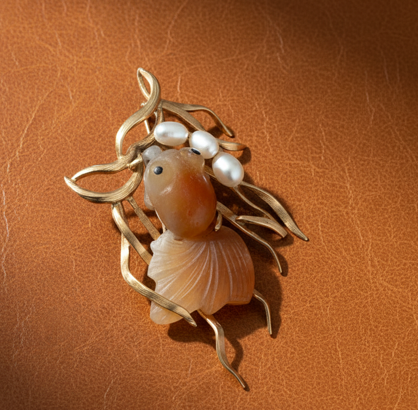 Estate Pendant Brooch, Agate Carved, 3 Pearl Freshwater 14K Yellow Gold 10.00g