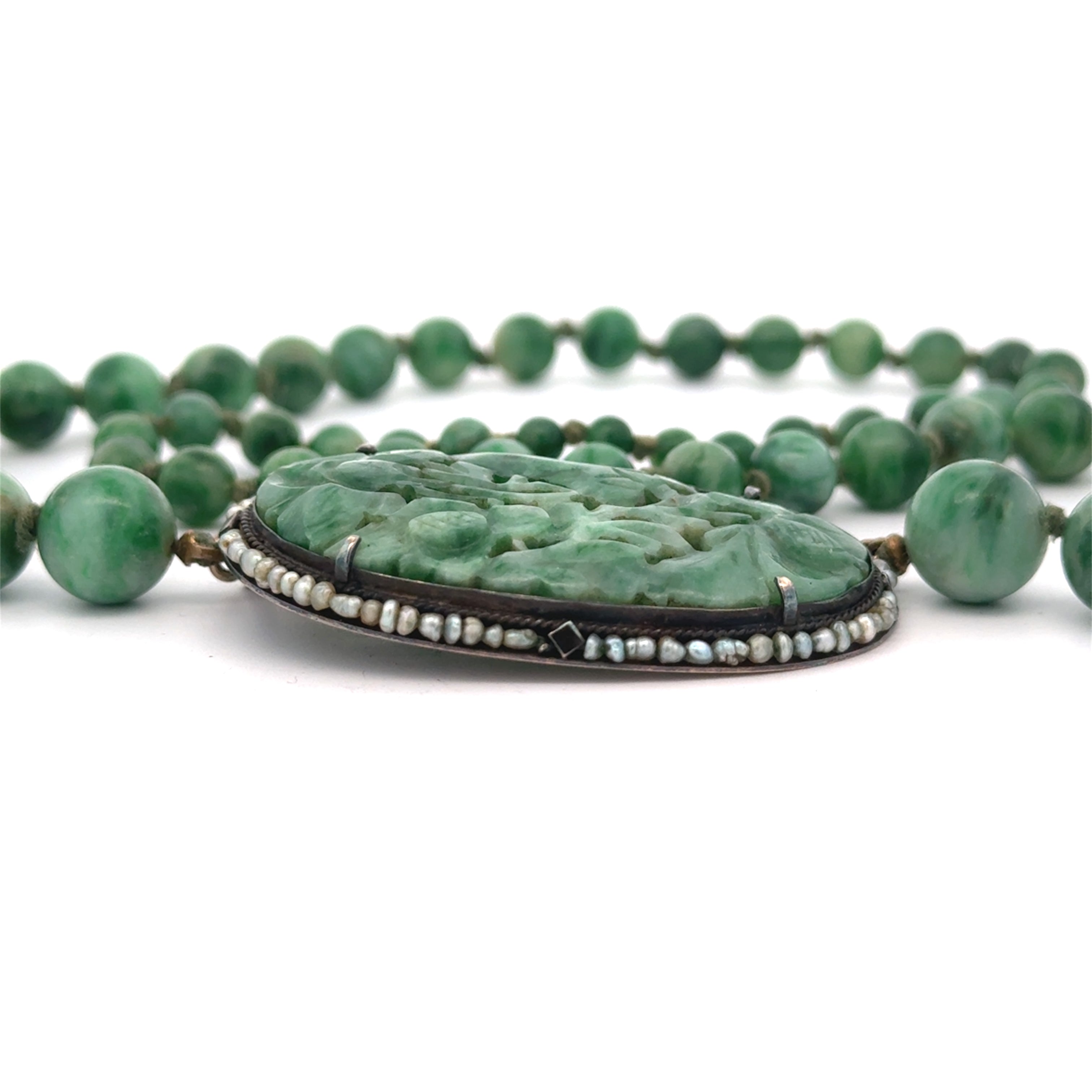 Estate Necklace,54 Jade Beads,1 Jade Carved, 80 Natural Pearl, 14K White Gold 11.06g