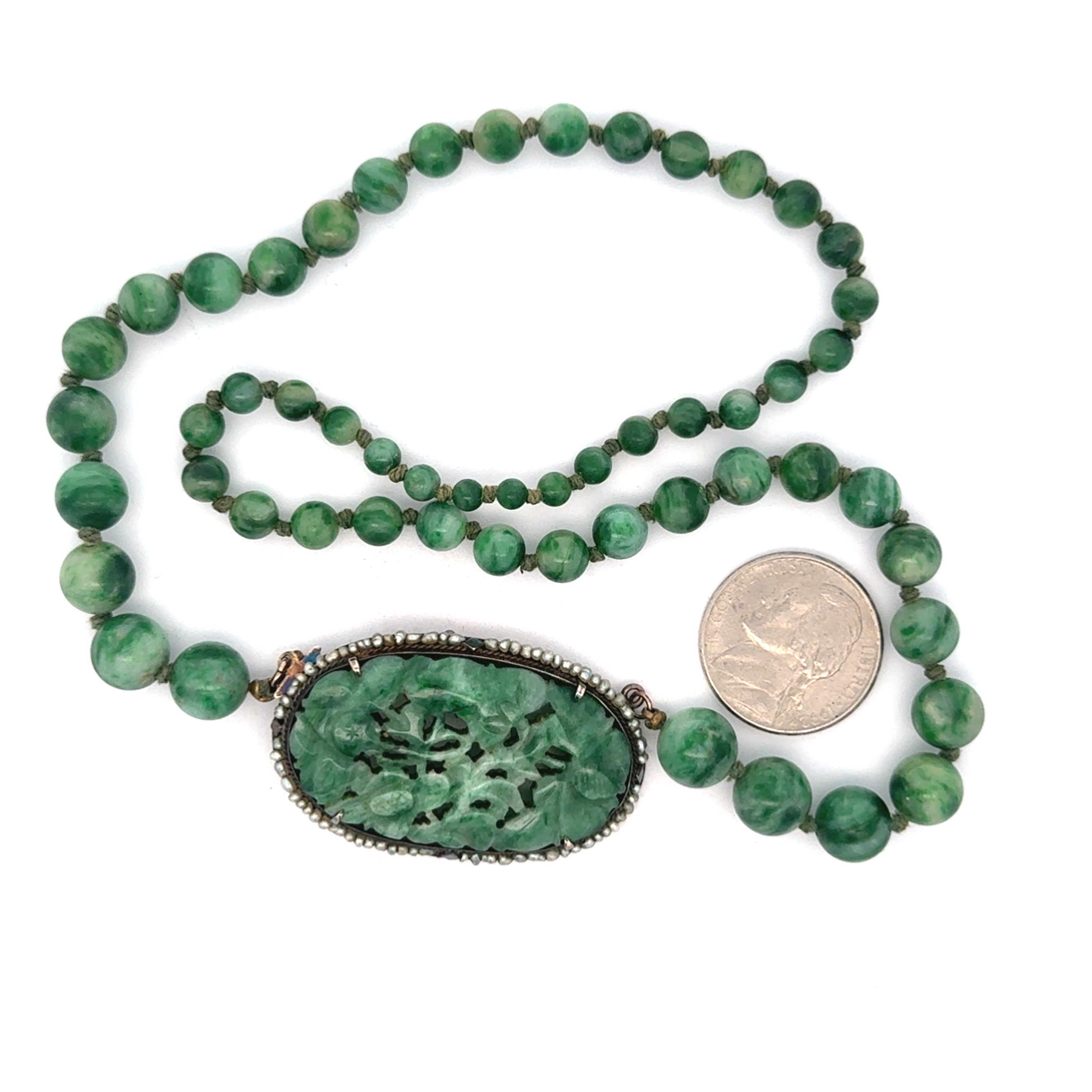 Estate Necklace,54 Jade Beads,1 Jade Carved, 80 Natural Pearl, 14K White Gold 11.06g