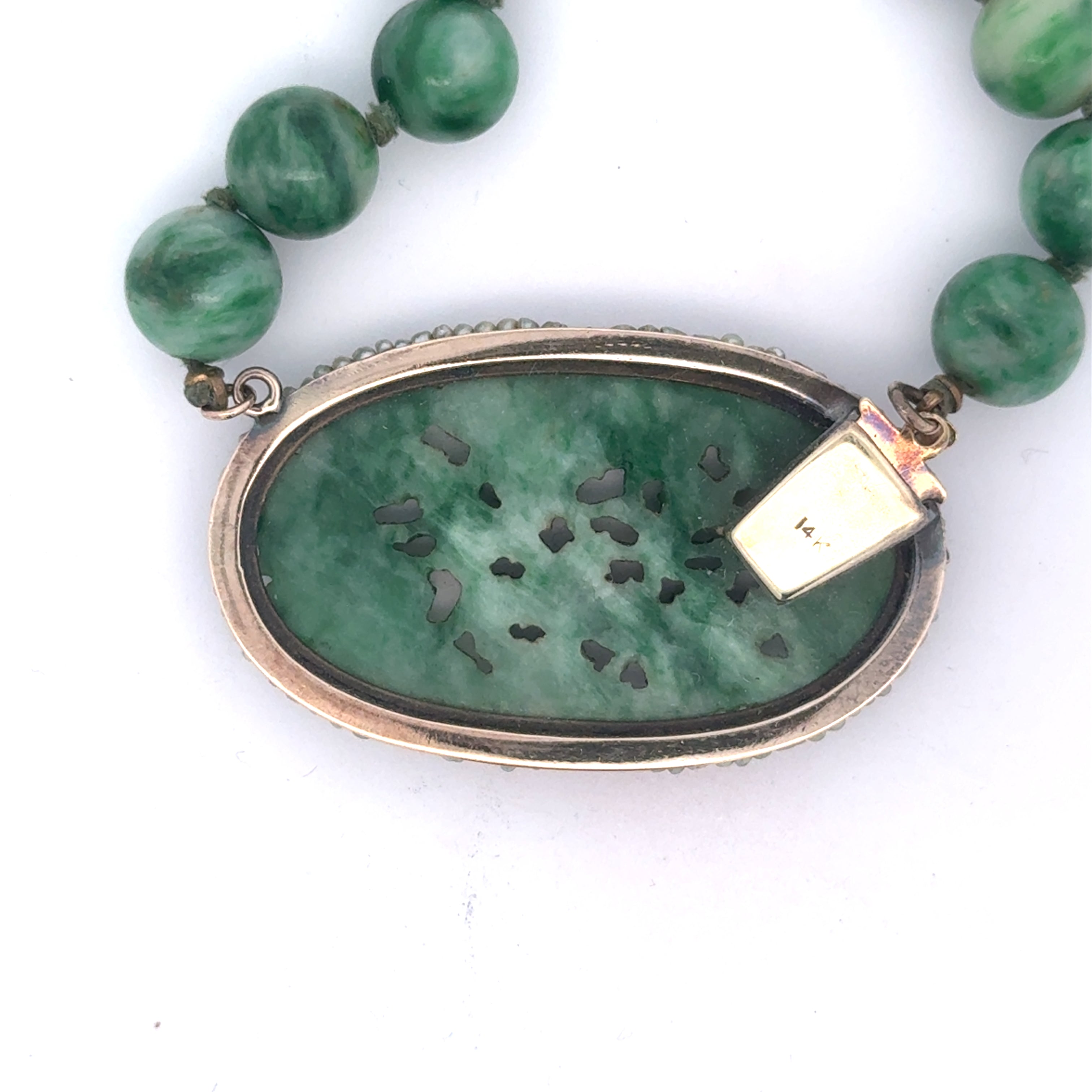 Estate Necklace,54 Jade Beads,1 Jade Carved, 80 Natural Pearl, 14K White Gold 11.06g