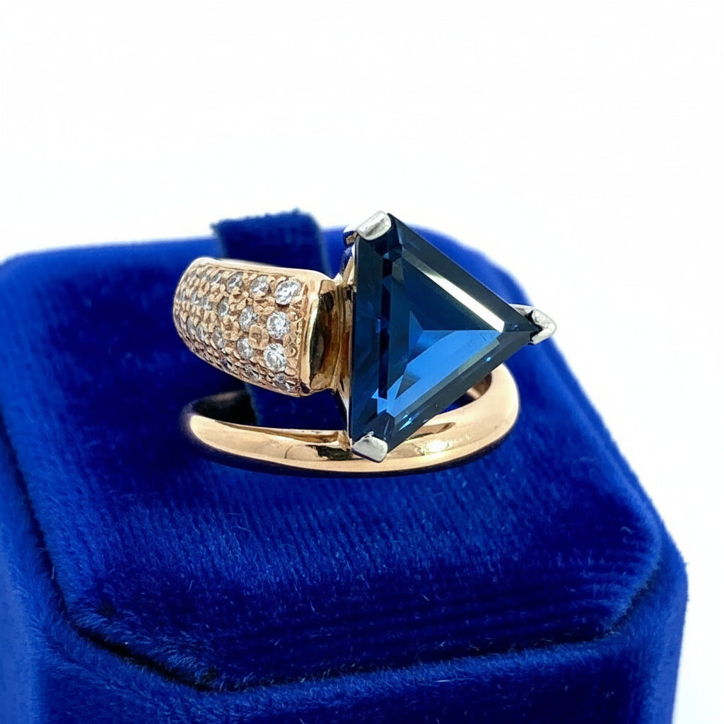 Estate Ring, 1 Sapphire Trillion Cut 3.88 ct  No Heat, Round Brilliant Cut Diamond 0.28 cttw  H-I SI1, Platinum/18K Yellow Gold 11.10g