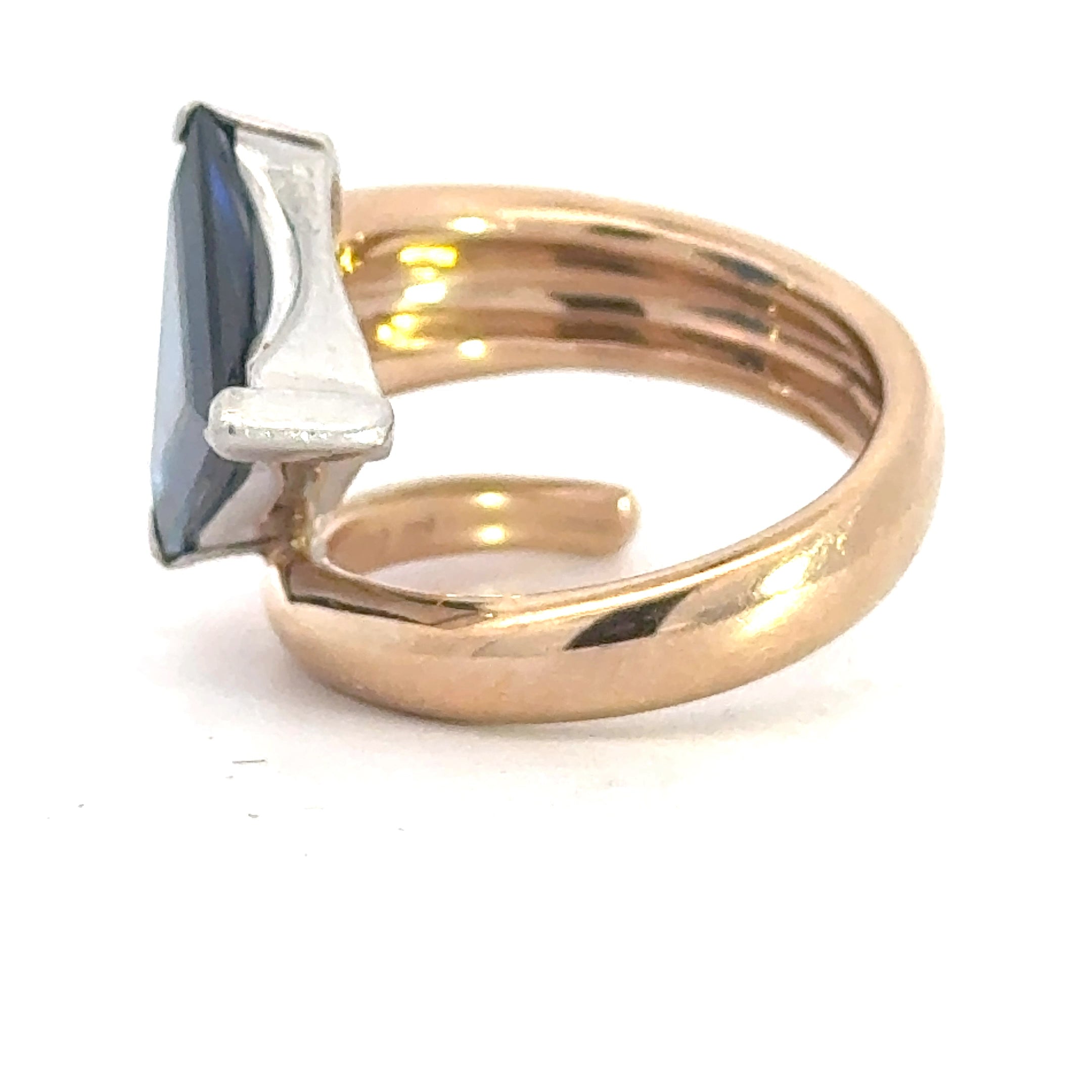 Estate Ring, 1 Sapphire Trillion Cut 3.88 ct  No Heat, Round Brilliant Cut Diamond 0.28 cttw  H-I SI1, Platinum/18K Yellow Gold 11.10g