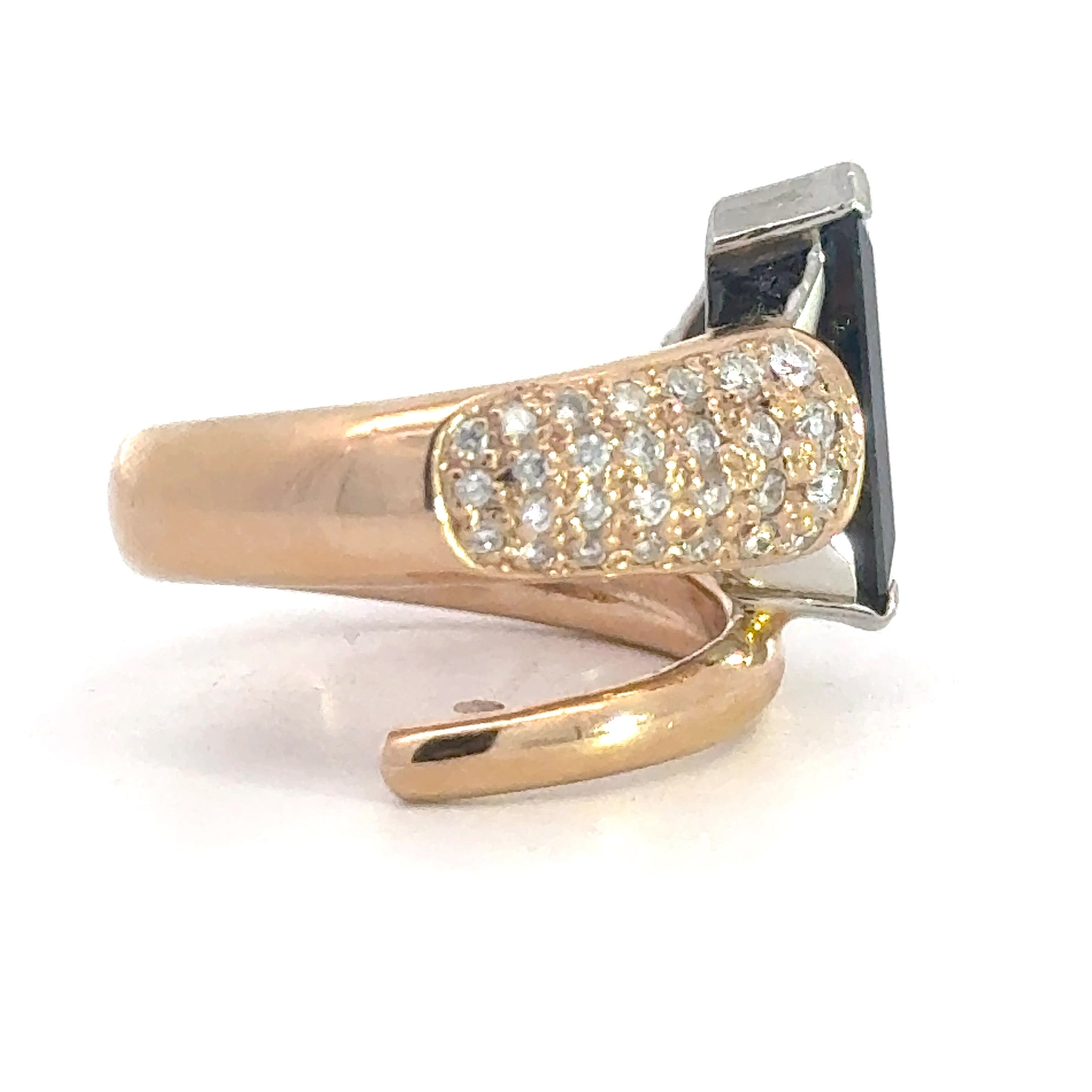 Estate Ring, 1 Sapphire Trillion Cut 3.88 ct  No Heat, Round Brilliant Cut Diamond 0.28 cttw  H-I SI1, Platinum/18K Yellow Gold 11.10g