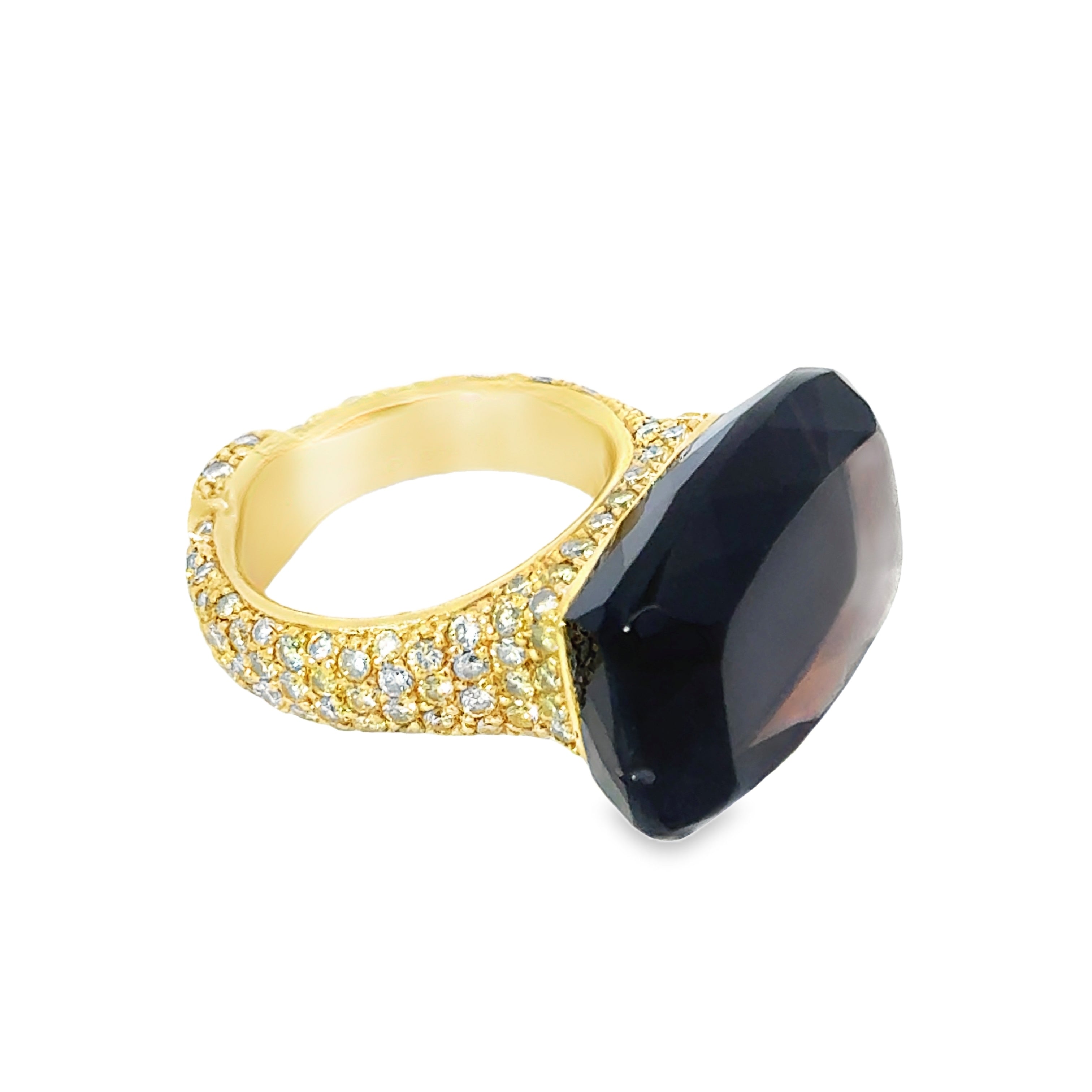 Estate Ring, Round Fancy Yellow Diamond 2.30 cttw VS2-SI, Princess Cut Diamond 0.05 ct  H SI,1 Quartz Cushion Modified 25.75 ct,  18K Yellow Gold 17.58g