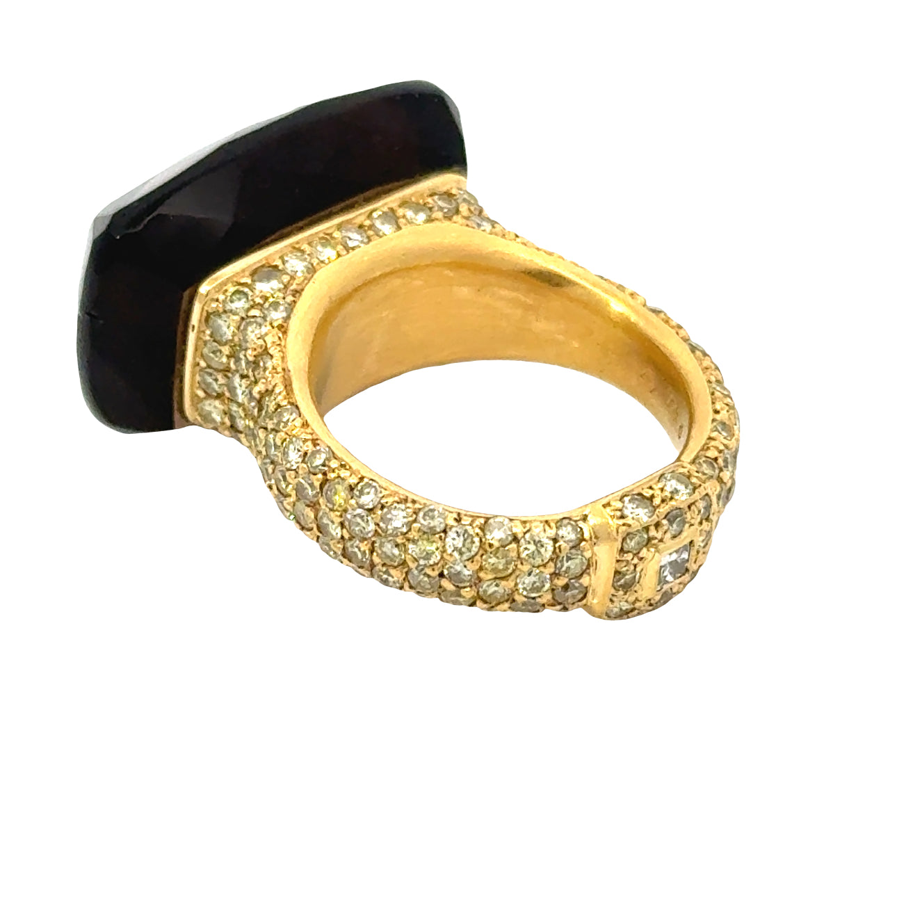 Estate Ring, Round Fancy Yellow Diamond 2.30 cttw VS2-SI, Princess Cut Diamond 0.05 ct  H SI,1 Quartz Cushion Modified 25.75 ct,  18K Yellow Gold 17.58g