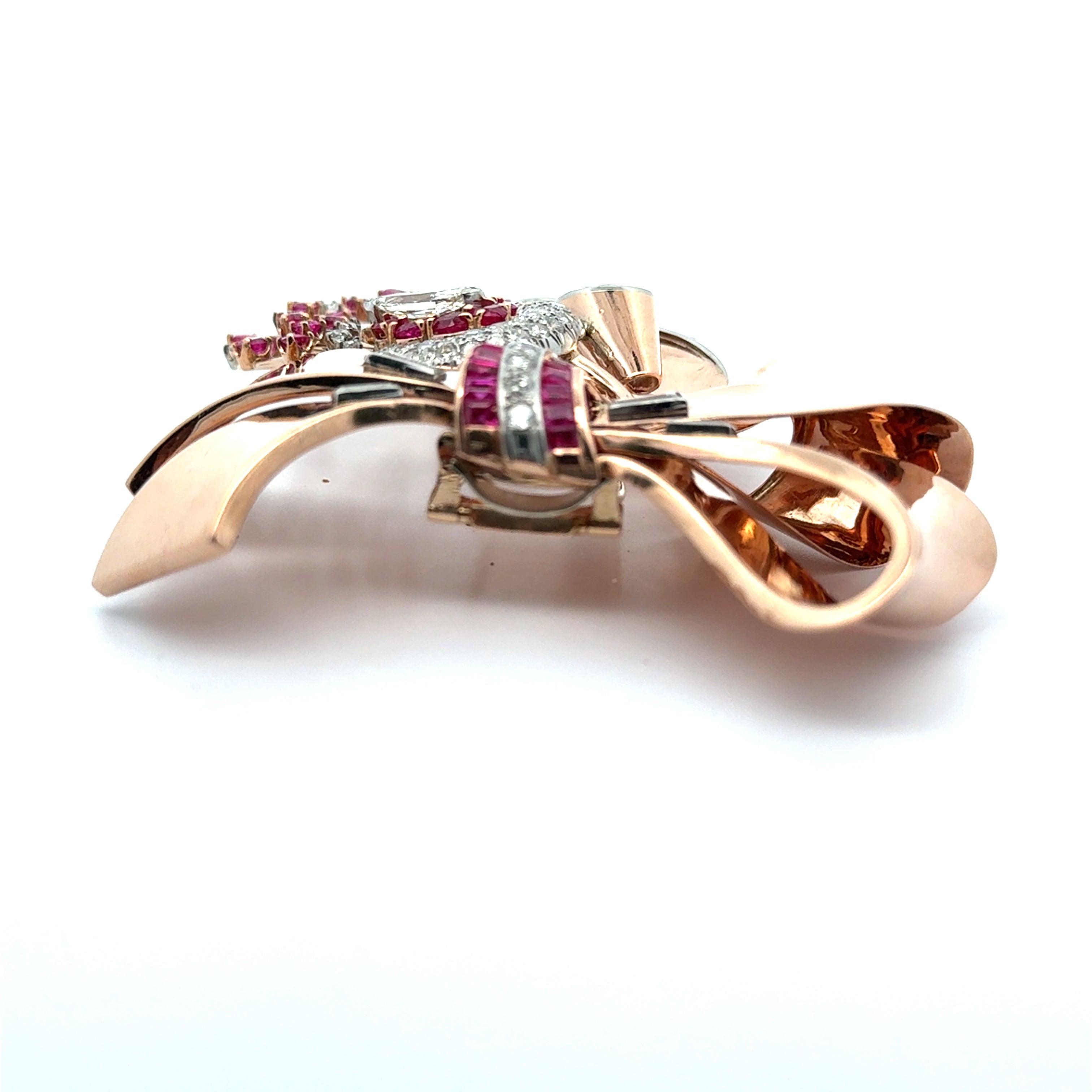 Estate Brooch/Pendant, 1 Marquise Cut Diamond 1.65ct  K-VS2, Round/Baguette Cut Diamonds 4.05ctttw  H-L VS2-SI1, Ruby French Cut 5.00ct  Red-Dark Pink, 14K Rose Gold 55.12g
