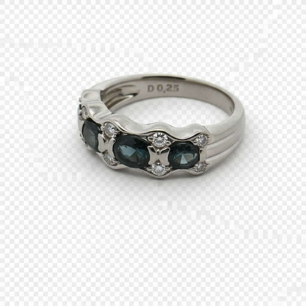 Estate Ring, 8 Round Brilliant Cut Diamonds 0.25cttw H-I SI1-SI2, 3 Alexandrite Ovals 1.02cttw Bluish-Green to Purple Pink, Platinum 8.54g. Weights Estimated.