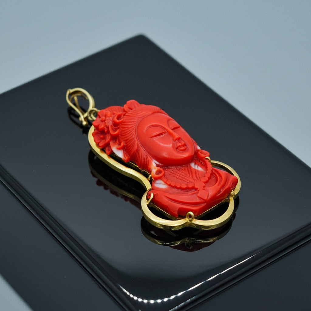 Estate Pendant, 1 Coral Carved 65.00ct Red, 10K Yellow Gold 20.00g. All Weights Estimated.