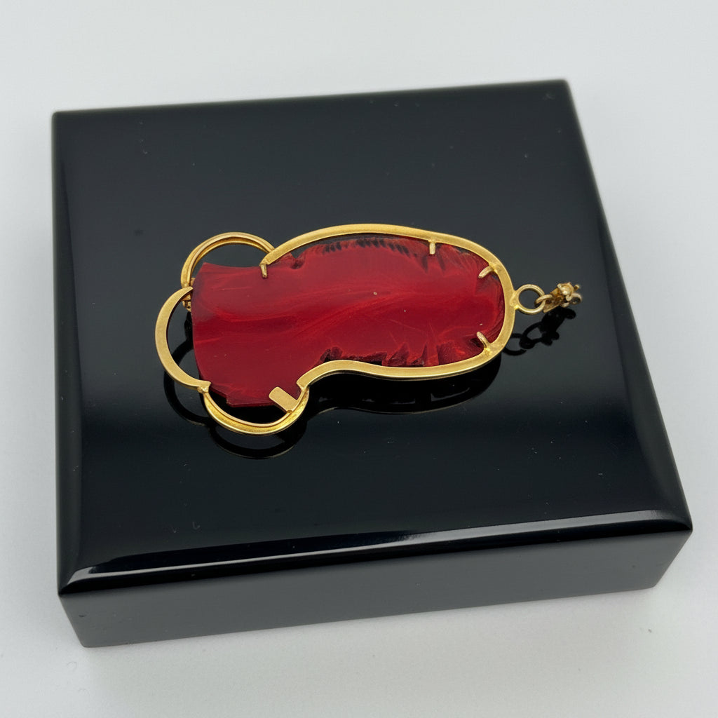 Estate Pendant, 1 Coral Carved 65.00ct Red, 10K Yellow Gold 20.00g. All Weights Estimated.