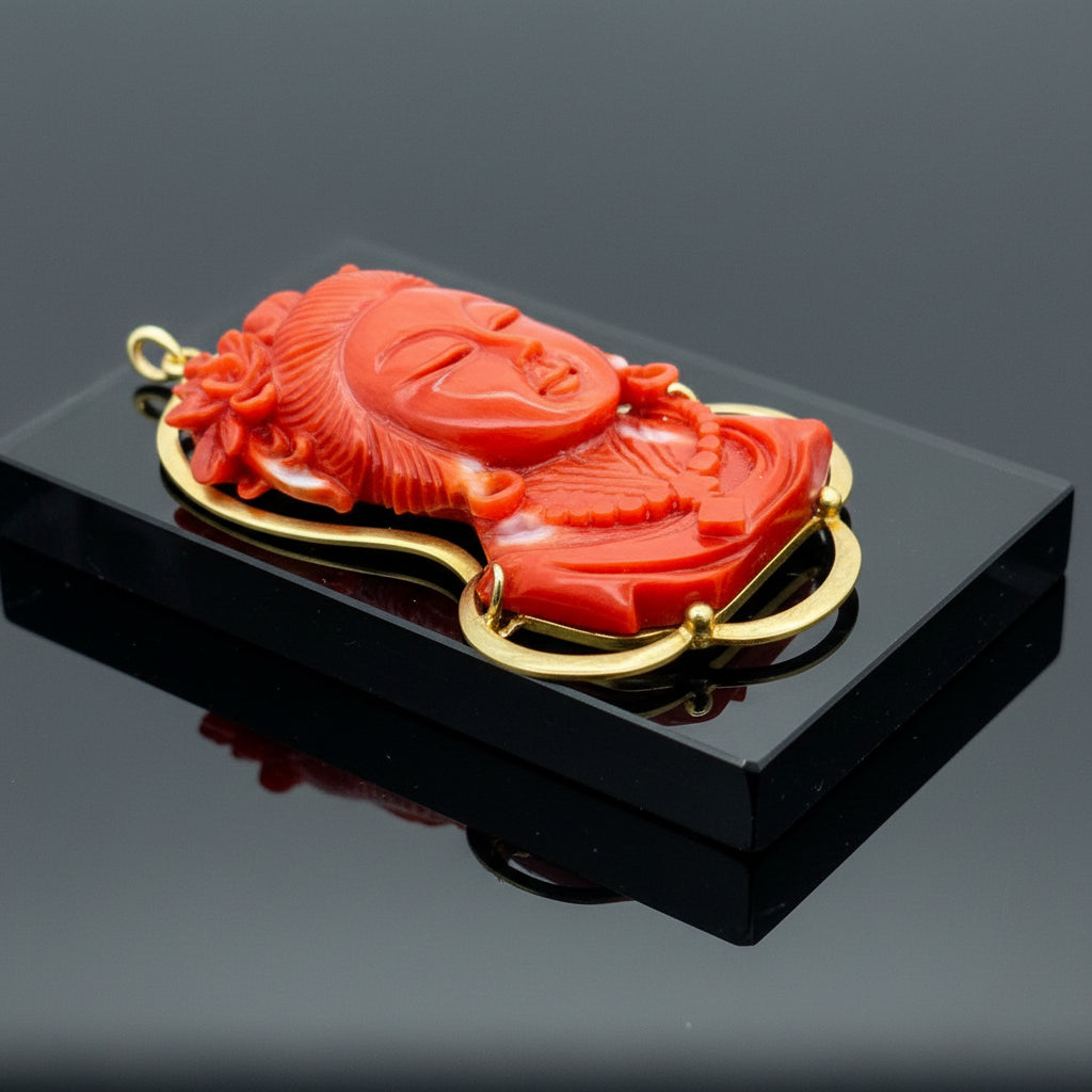 Estate Pendant, 1 Coral Carved 65.00ct Red, 10K Yellow Gold 20.00g. All Weights Estimated.