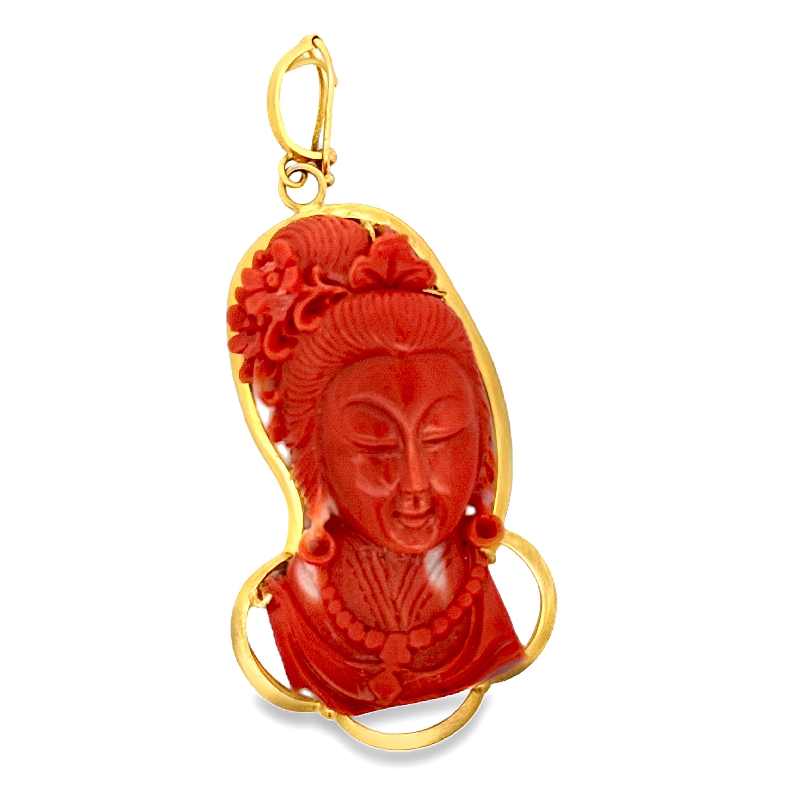 Estate Pendant, 1 Coral Carved 65.00ct Red, 10K Yellow Gold 20.00g. All Weights Estimated.