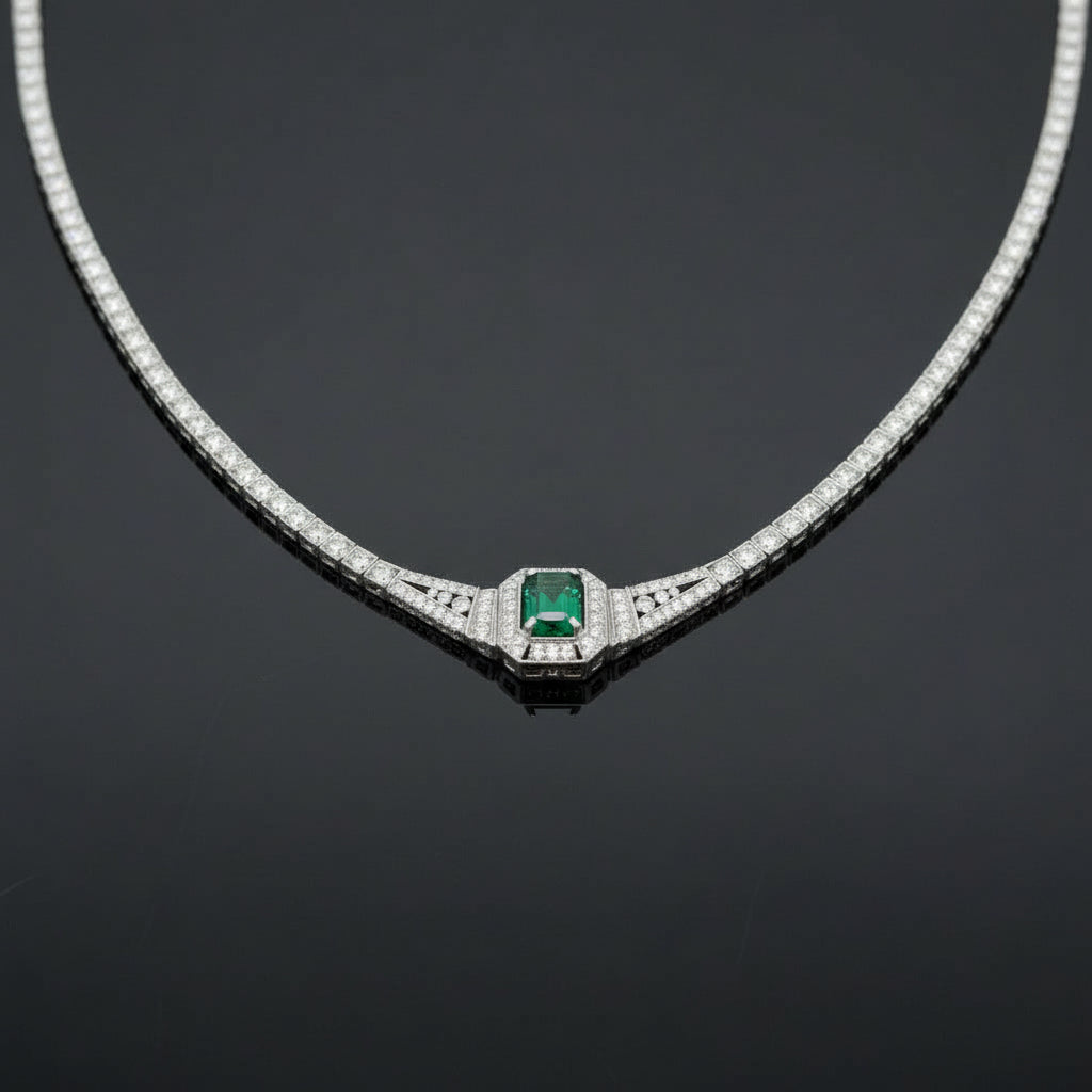 Estate Necklace, Round Brilliant Cut Diamond 5.35cttw.  H-I SI2-I1,1 Emerald Emerald Cut 2.71ct.  #21303.1348.37 14K White Gold 55.94g