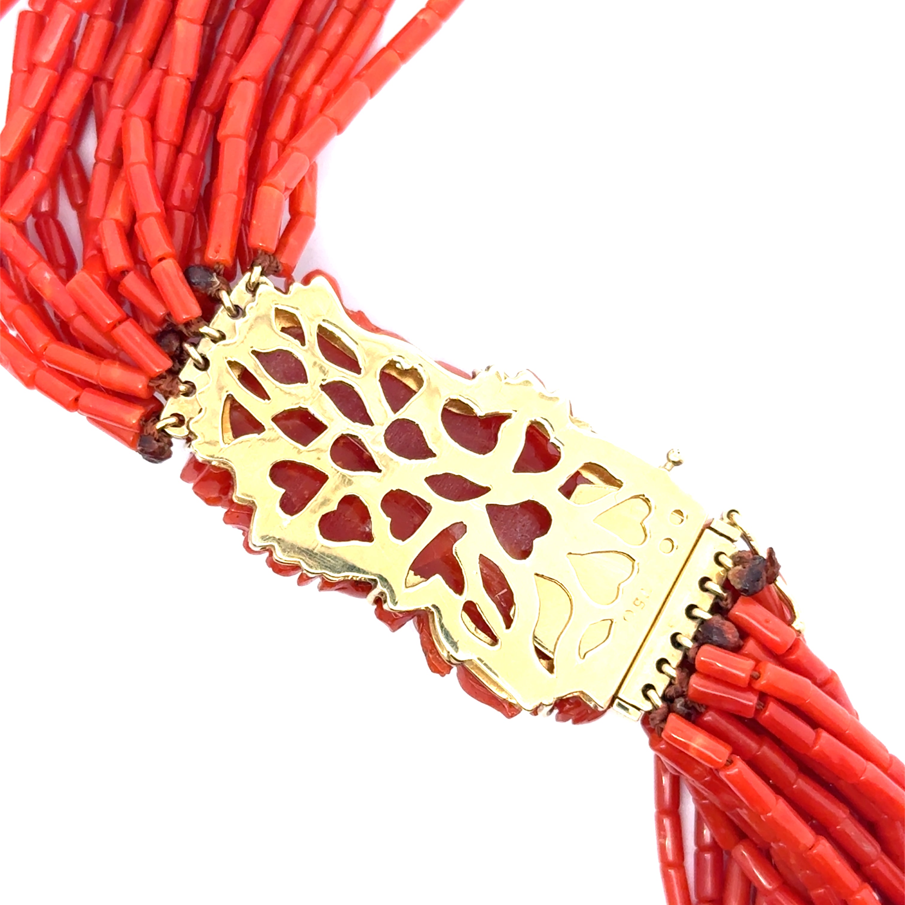 Italian Necklace Coral Carved Red, 18K Yellow Gold 111.00g. All Weights Estimated