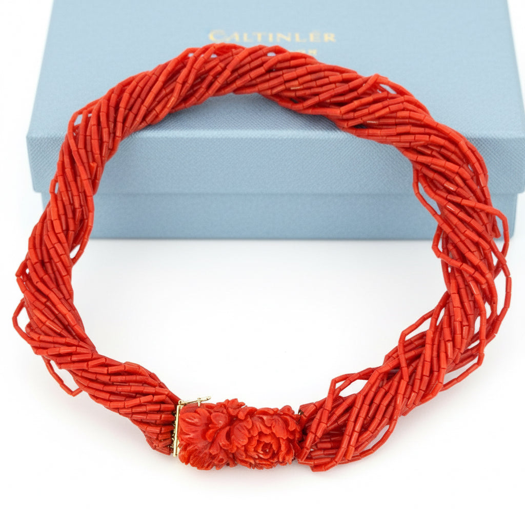 Italian Necklace Coral Carved Red, 18K Yellow Gold 111.00g. All Weights Estimated